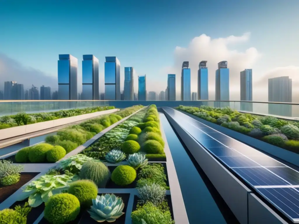 Metrópolis futurista: integración perfecta de naturaleza y arquitectura Una ciudad futurista con jardines en azoteas verdes y puentes conectados, mostrando la integración de infraestructura verde en mercado inmobiliario