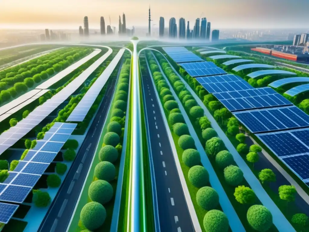 Visión futurista de ciudad sostenible: techos verdes y energía renovable Una ciudad futurista con jardines en azoteas verdes, paneles solares y turbinas eólicas