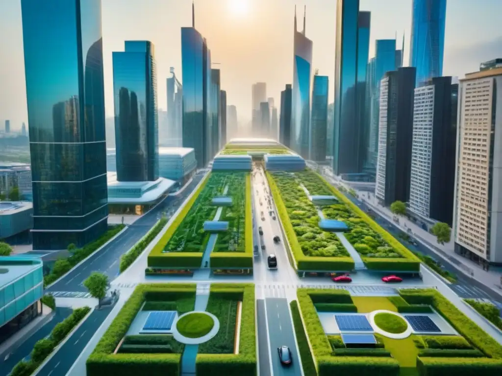 Metrópolis futurista: Movilidad urbana y valor inmobiliario en armonía Una ciudad futurista con movilidad sostenible y edificios verdes