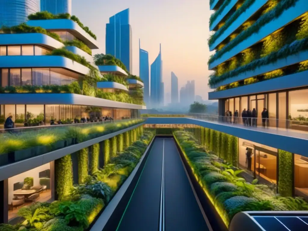 Metrópolis sostenible: arquitectura futurista en armonía con la naturaleza Una ciudad futurista integrando naturaleza en su diseño urbano, con rascacielos sostenibles y vegetación exuberante