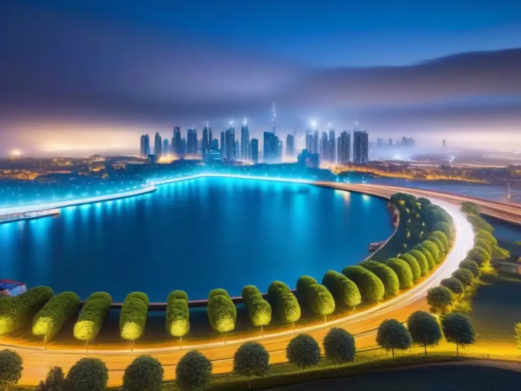 Metrópolis futurista: innovación y sostenibilidad Una ciudad futurista de noche con edificios inteligentes, sistemas de transporte avanzados y espacios verdes, iluminada con eficiencia energética