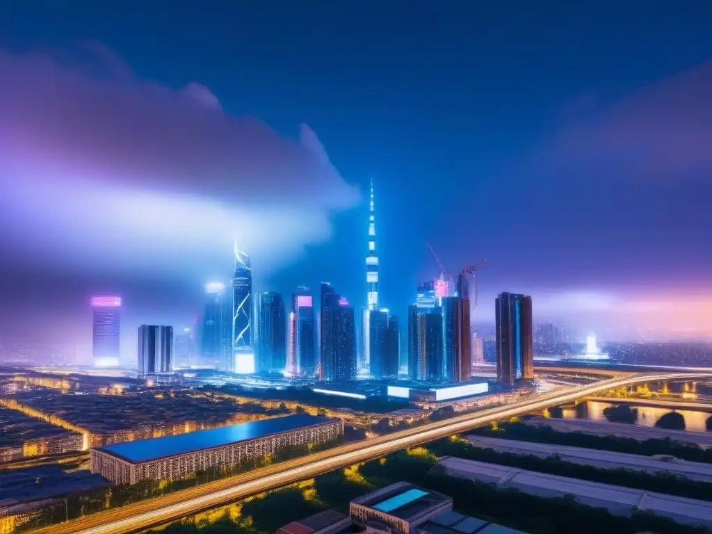 Metrópolis futurista: luces neón y progreso urbano Una ciudad futurista de noche, iluminada por luces de neón con rascacielos elegantes y sistemas de transporte avanzados