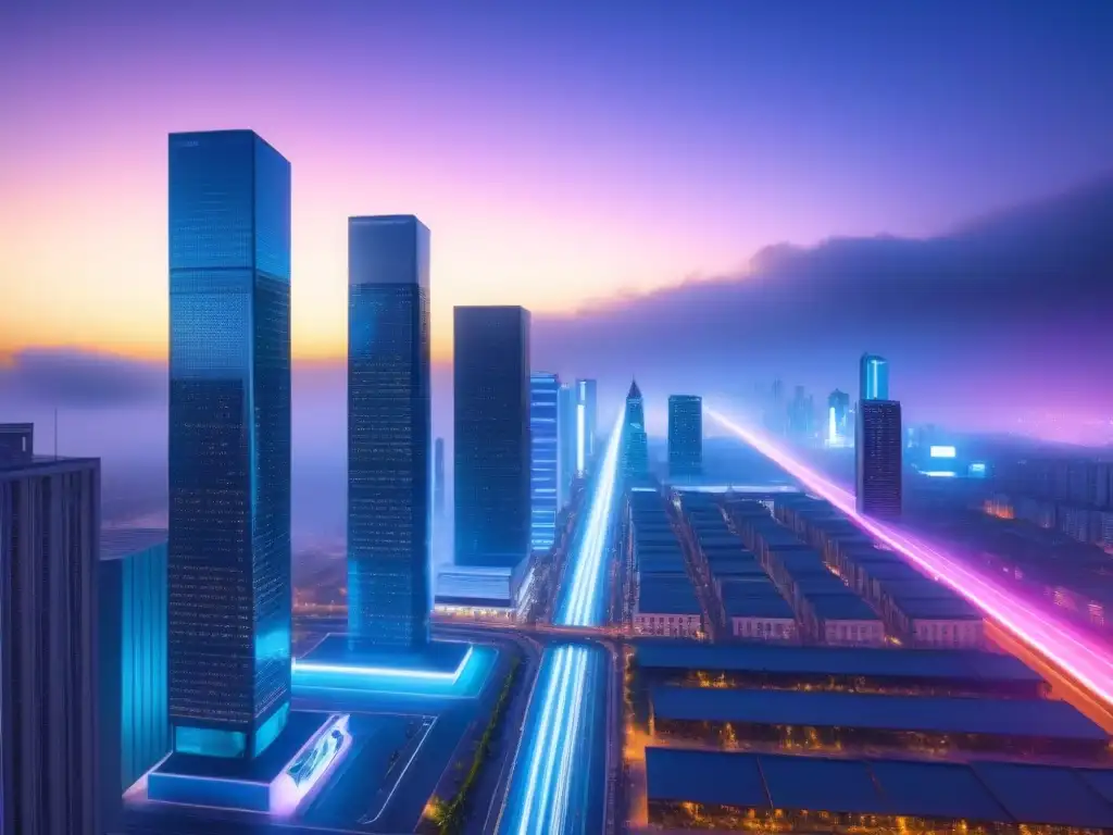 Metrópolis futurista: IA revoluciona la vida urbana Una ciudad futurista de noche, con luces de neón y edificios modernos