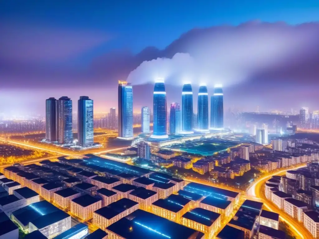 Metrópolis futurista: innovación digital en bienes raíces Una ciudad futurista de noche con rascacielos iluminados y drones volando, mostrando la digitalización del mercado inmobiliario tecnología