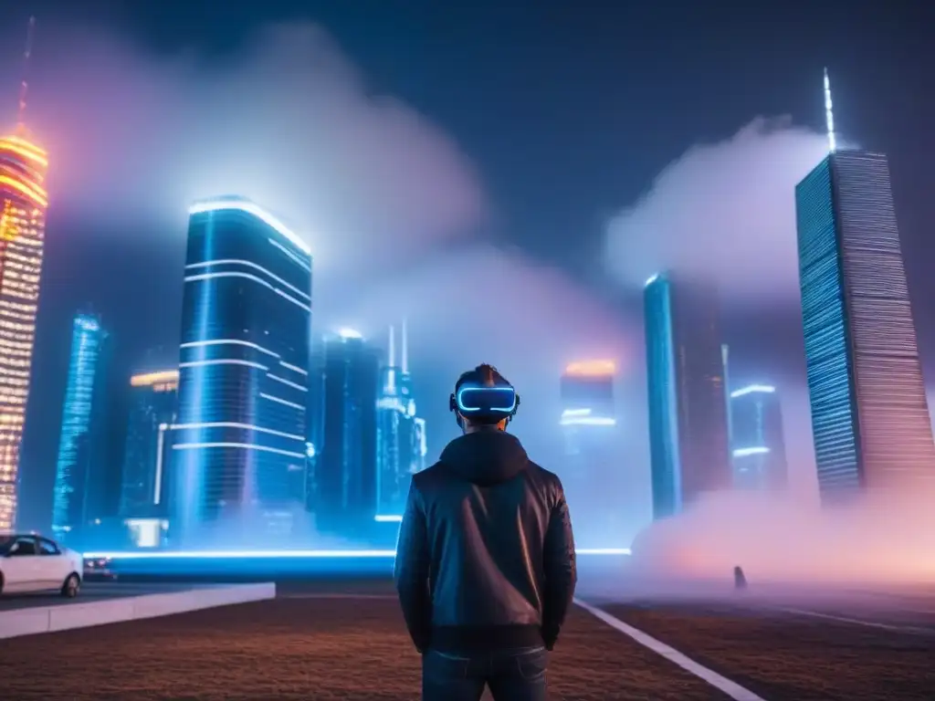 Subasta de Realidad Virtual en Ciudad Futurista Una ciudad futurista de noche con rascacielos iluminados por luces de neón y proyecciones holográficas de subastas inmobiliarias en el cielo