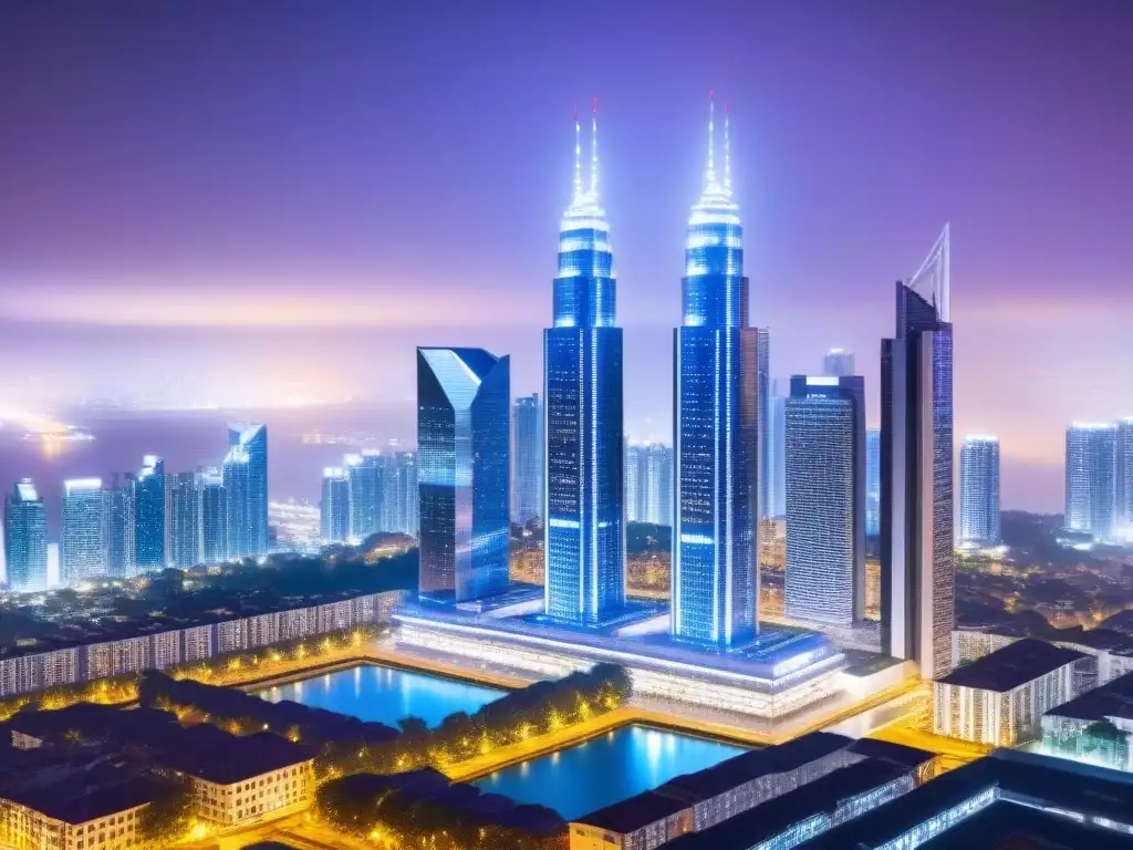 Horizonte futurista: transparencia financiera en proyectos inmobiliarios Una ciudad futurista de noche con rascacielos iluminados y pasarelas transparentes, proyectando gráficos financieros