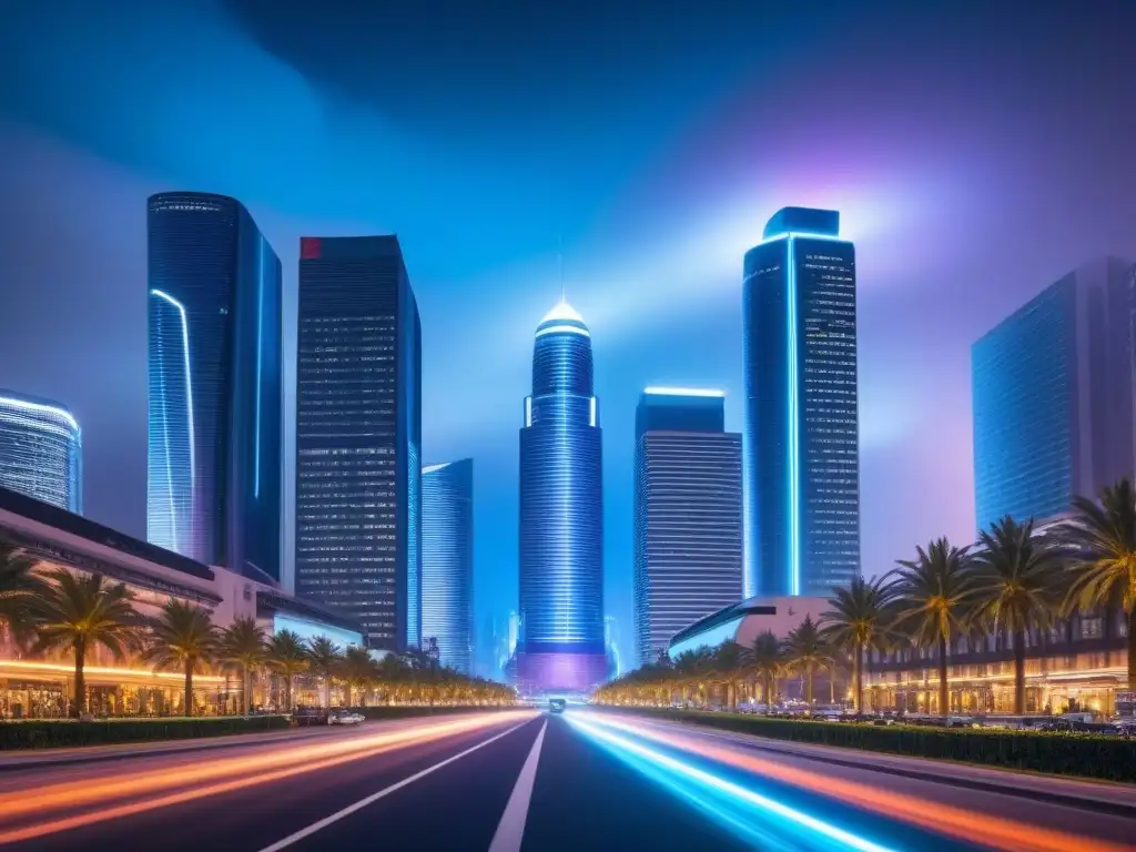 Metrópolis futurista: arquitectura tradicional y AI moderna Una ciudad futurista de noche con rascacielos iluminados por luces de neón, integrando arquitectura tradicional con edificios modernos