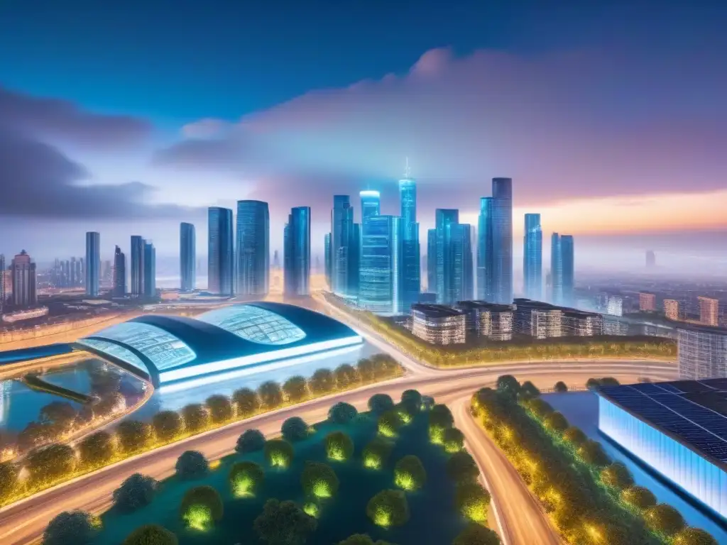 Skyline futurista 8K: tecnología y sostenibilidad en la ciudad nocturna Una ciudad futurista de noche con tecnología en inversiones sostenibles inmobiliarias