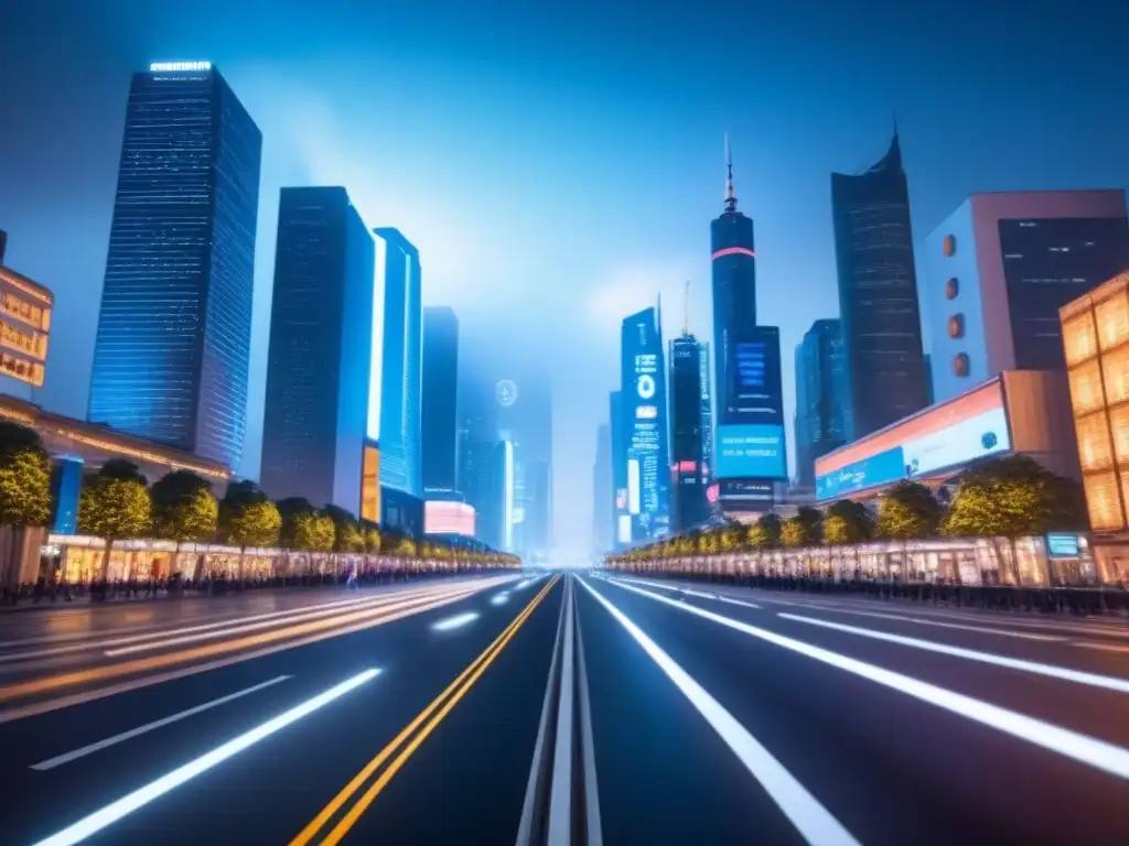 Metrópolis futurista 8k: innovación nocturna en la ciudad Una ciudad futurista nocturna con rascacielos brillantes y calles llenas de vehículos autónomos y peatones