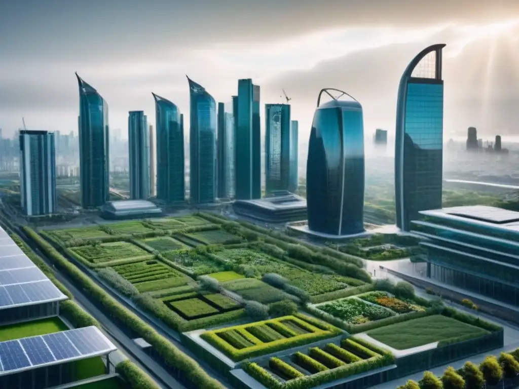 Metrópolis sostenible: arquitectura futurista y naturaleza urbana Una ciudad futurista con prácticas sostenibles en desarrollo urbano: rascacielos verdes, paneles solares, jardines verticales y turbinas eólicas