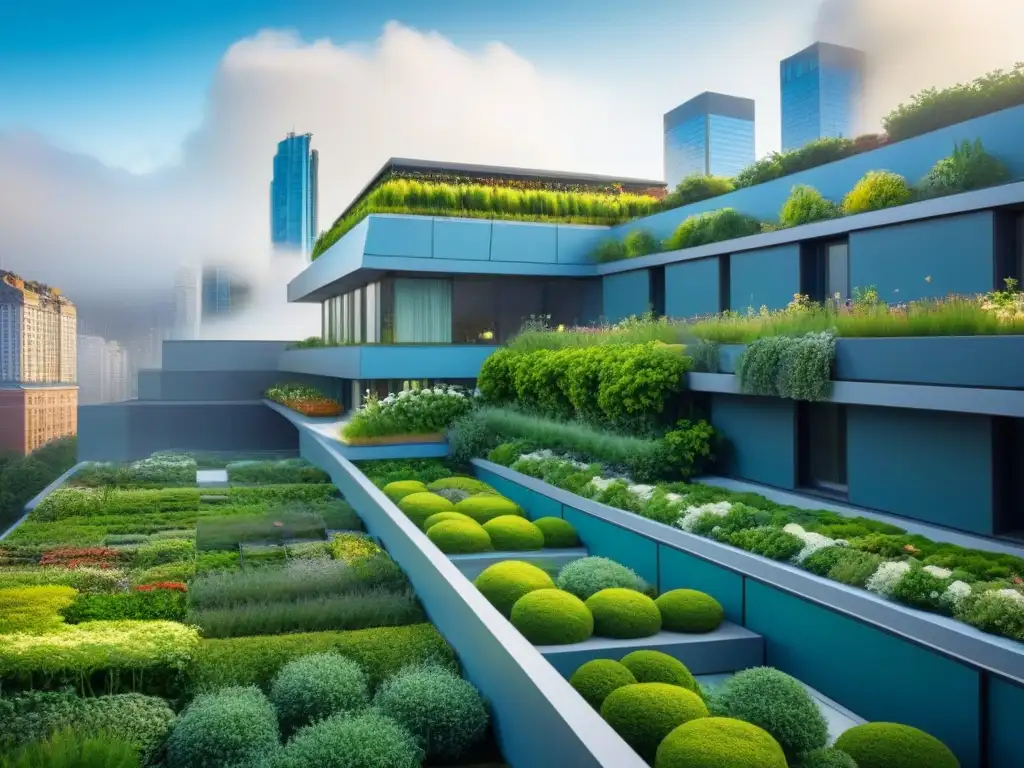 Metrópolis futurista con jardines verticales exuberantes Una ciudad futurista con rascacielos adornados de jardines verticales y techos verdes, fusionando naturaleza y arquitectura