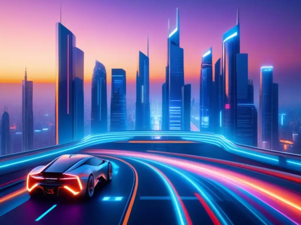 Metrópolis futurista: Predicciones inmobiliarias en tiempo real Una ciudad futurista con rascacielos, autos voladores y pantallas digitales, simbolizando herramientas de análisis mercado inmobiliario