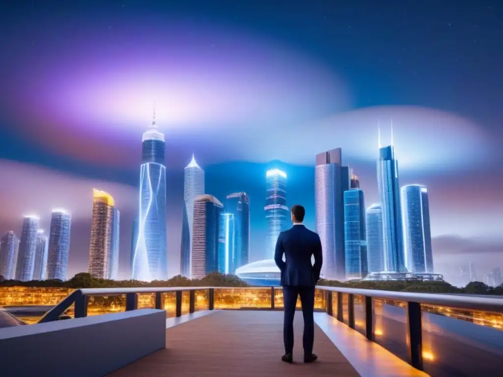 Metrópolis futurista: IA revoluciona la industria inmobiliaria Una ciudad futurista con rascacielos avanzados e integración de tecnologías, mostrando la inteligencia artificial en mercado inmobiliario