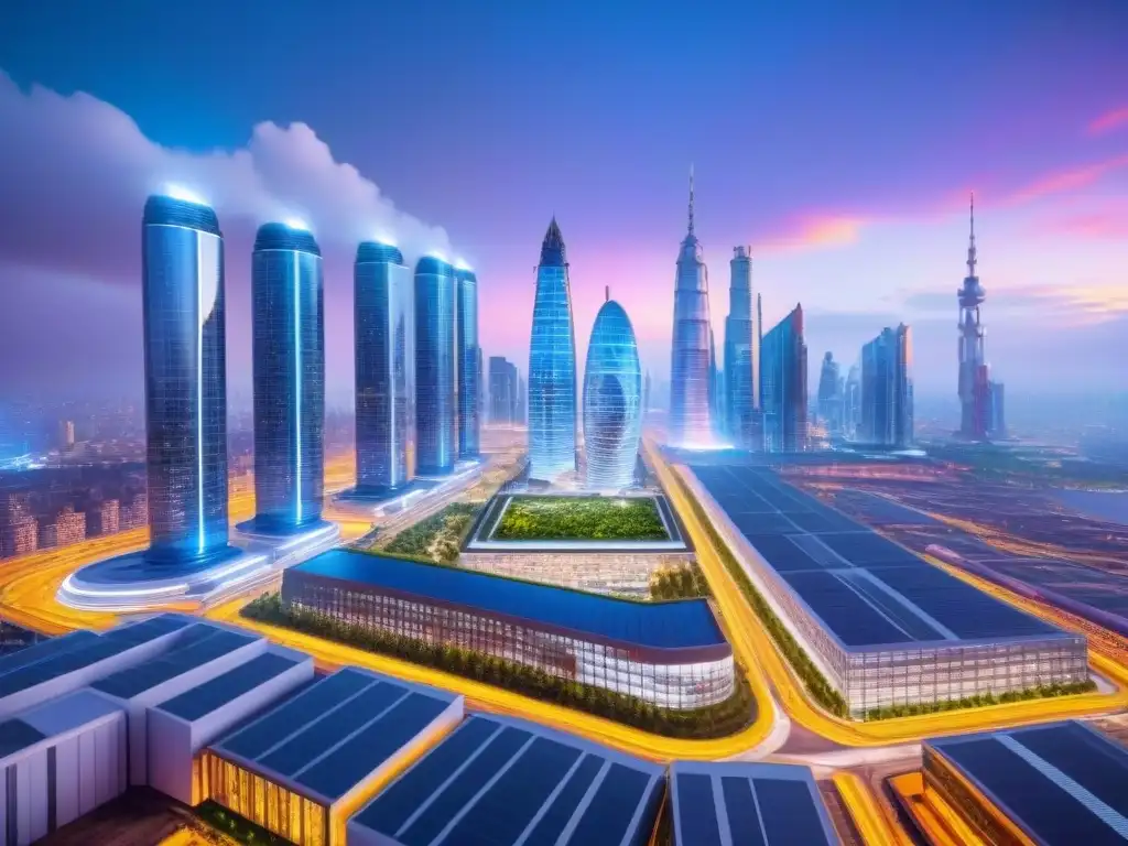 Metrópolis del futuro: IA y humanos revolucionan la construcción Una ciudad futurista con rascacielos avanzados construidos con Inteligencia Artificial en Construcción Inmobiliaria