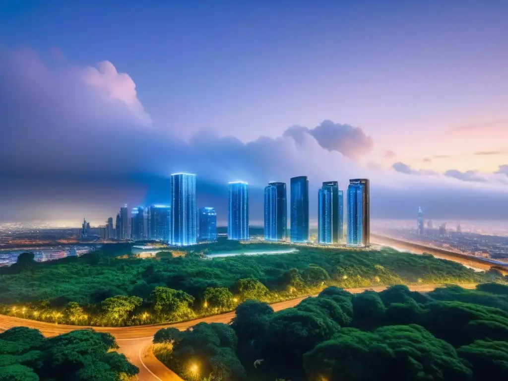 Metrópolis futurista: innovación y sofisticación en 8k Una ciudad futurista al anochecer, con rascacielos avanzados y tecnología inteligente integrada