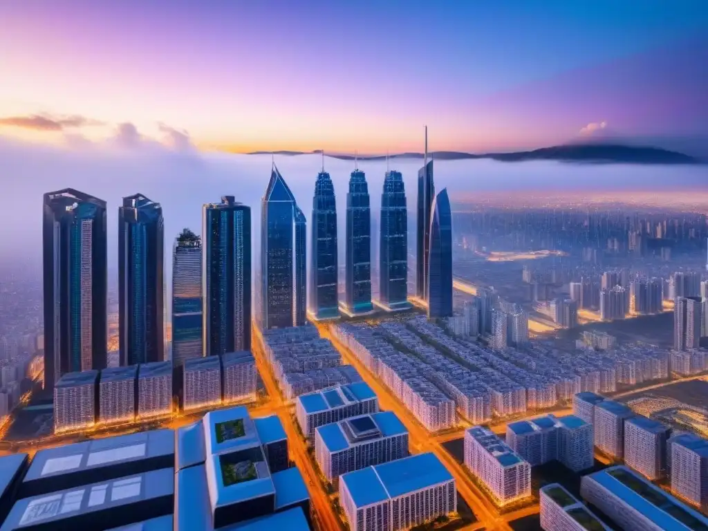 Metrópolis del futuro: innovación y mercado inmobiliario Una ciudad futurista al anochecer con rascacielos brillantes, transporte avanzado y hologramas de datos inmobiliarios