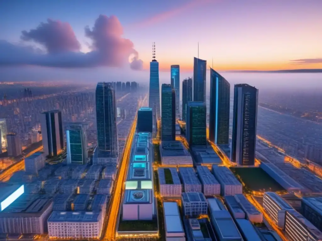 Metrópolis futurista: fusión perfecta de tecnología y urbanismo Una ciudad futurista al anochecer, con rascacielos brillantes y drones IA, fusionando tecnología y urbanismo