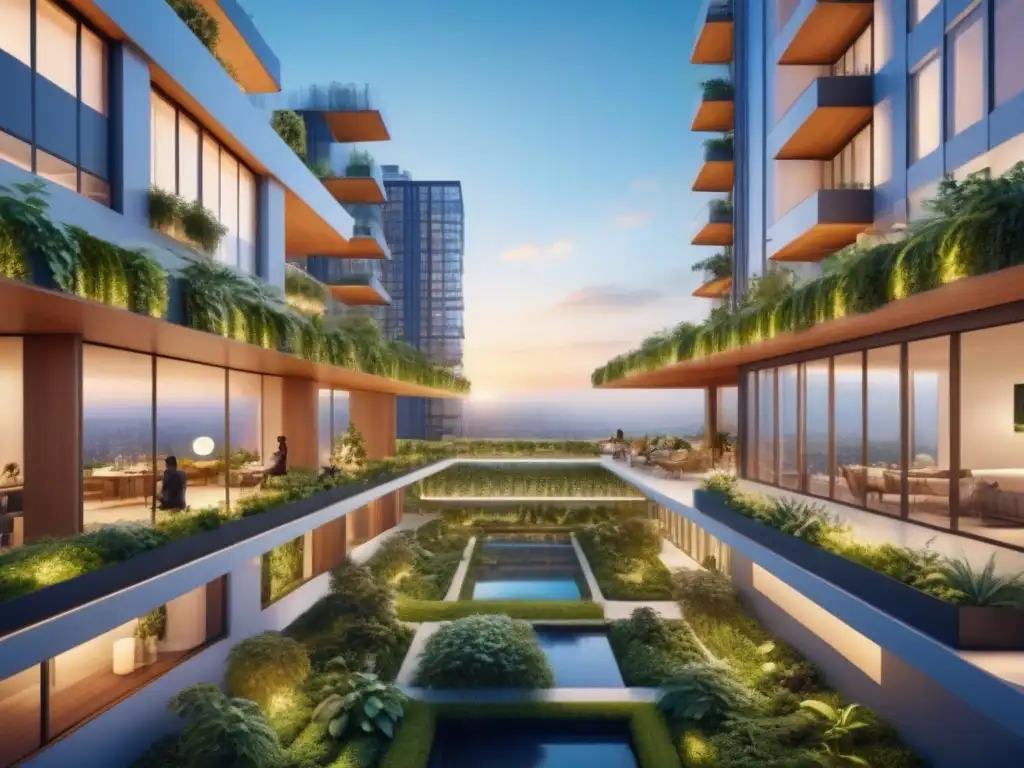 Cityscape futurista: coworking y coliving sostenible al atardecer Una ciudad futurista con rascacielos conectados, coworking y coliving, sostenible y tecnológica al atardecer