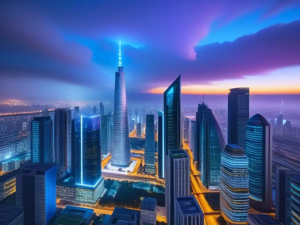 Metrópolis futurista: refinanciamiento inmobiliario digital Una ciudad futurista con rascacielos conectados por flujos de datos digitales, iluminados con luces neón vibrantes, simbolizando innovación y eficiencia en plataformas digitales de refinanciamiento en mercado inmobiliario