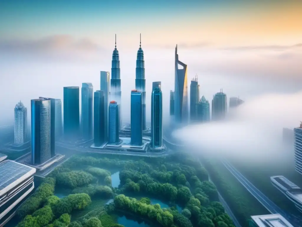 Metrópolis futurista: arquitectura innovadora y sostenible en la neblina Una ciudad futurista con rascacielos envueltos en niebla, destacando arquitectura moderna y espacios verdes integrados