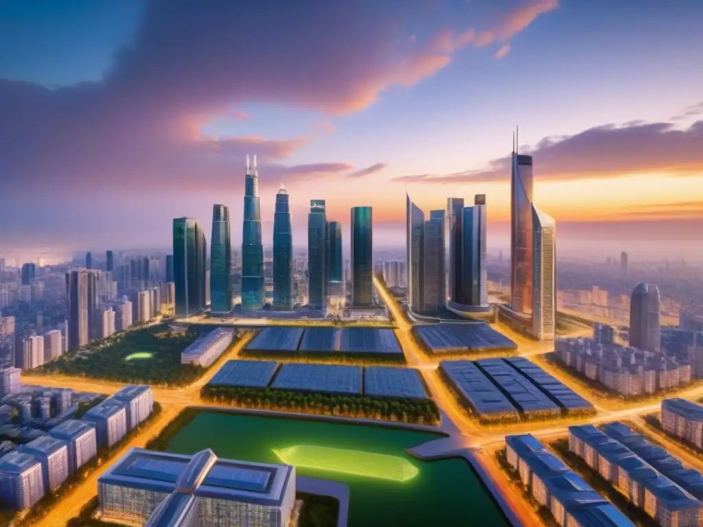 Horizonte futurista: ciudad innovadora bañada en luz dorada Una ciudad futurista con rascacielos y espacios verdes, bañada en un atardecer dorado