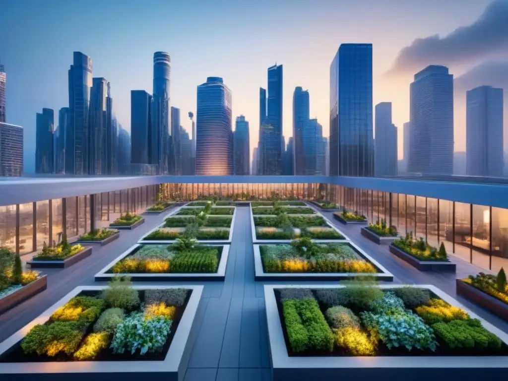 Metrópolis futurista: vibrante y diversa en crecimiento Una ciudad futurista al anochecer, con rascacielos iluminados y jardines en la azotea