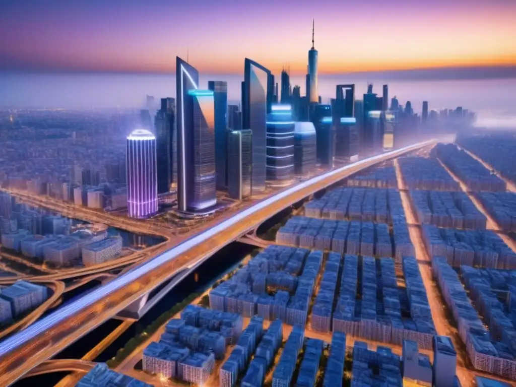 Metrópolis futurista: innovación y tecnología AI en la ciudad Una ciudad futurista al anochecer, con rascacielos iluminados y vehículos autónomos