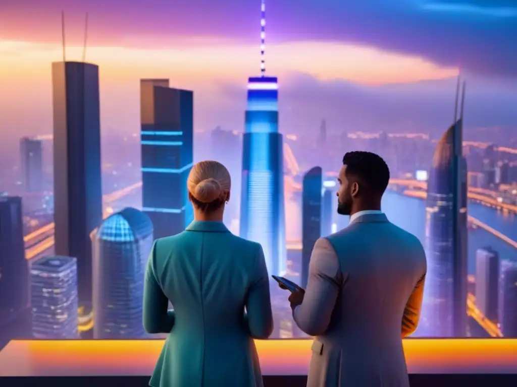 Inversión en REIT: Futuro urbano con millennials colaborando Inversión en REITs para millennials: Una ciudad futurista con rascacielos iluminados y jóvenes colaborando en inversiones innovadoras