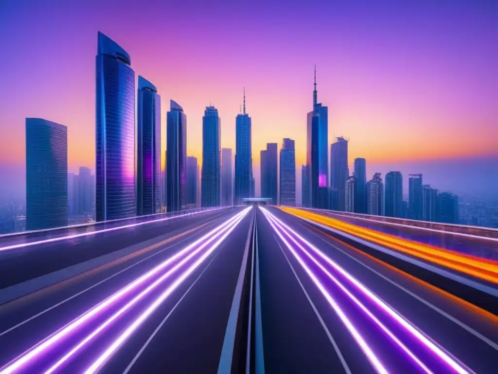 Metrópolis futurista: rascacielos iluminados en la noche Una ciudad futurista con rascacielos iluminados y tecnología avanzada para maximizar ganancias crowdfunding inmobiliario