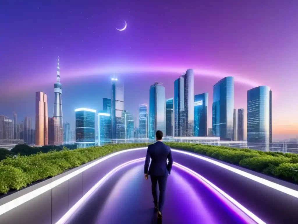 Metrópolis futurista: innovación y colaboración financiera en restauración Una ciudad futurista con rascacielos iluminados por luces de neón, en equilibrio entre naturaleza y tecnología