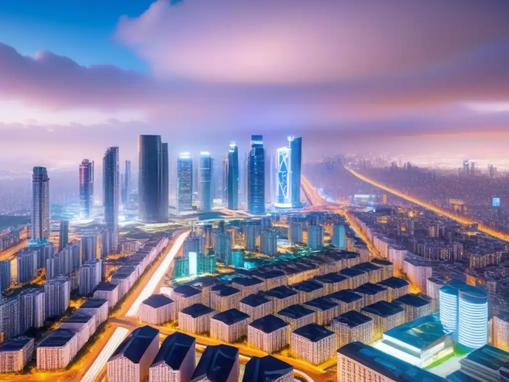 Metrópolis futurista: inteligencia artificial revoluciona la valoración inmobiliaria Una ciudad futurista con rascacielos iluminados por luces de neón, representando la integración de tecnología avanzada