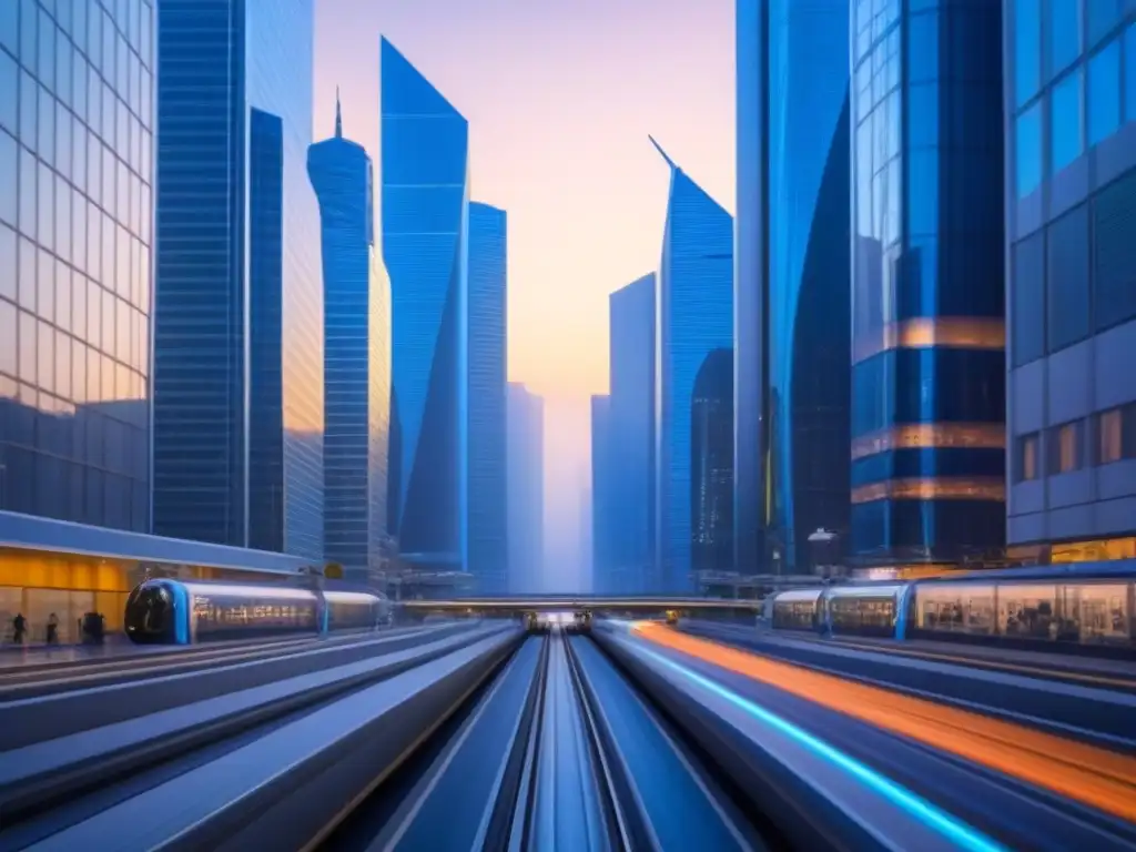 Metrópolis del futuro: innovación y eficiencia en la gestión inmobiliaria Una ciudad futurista al anochecer, con rascacielos iluminados y sistemas de transporte avanzados