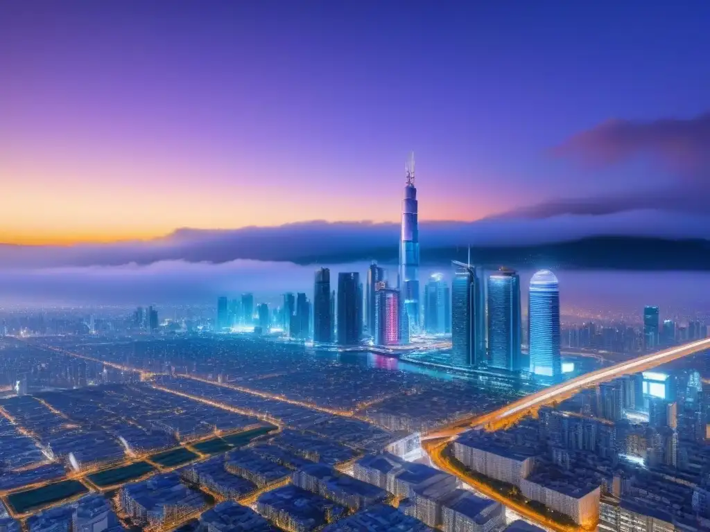 Metrópolis futurista: valuación inmobiliaria tecnológica 'Ciudad futurista al anochecer, rascacielos iluminados, autos voladores y displays holográficos