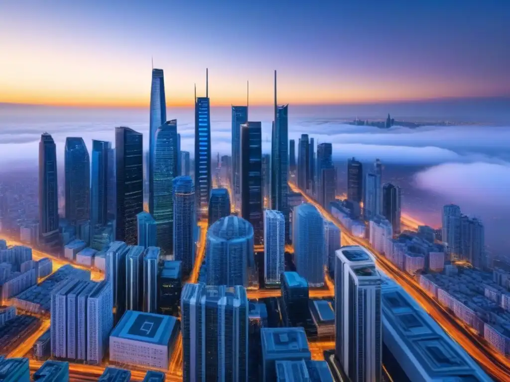 Horizonte futurista en 8k: ciudad inteligente al anochecer Una ciudad futurista al anochecer con rascacielos iluminados y avanzados sistemas de transporte, mostrando datos e análisis del mercado inmobiliario