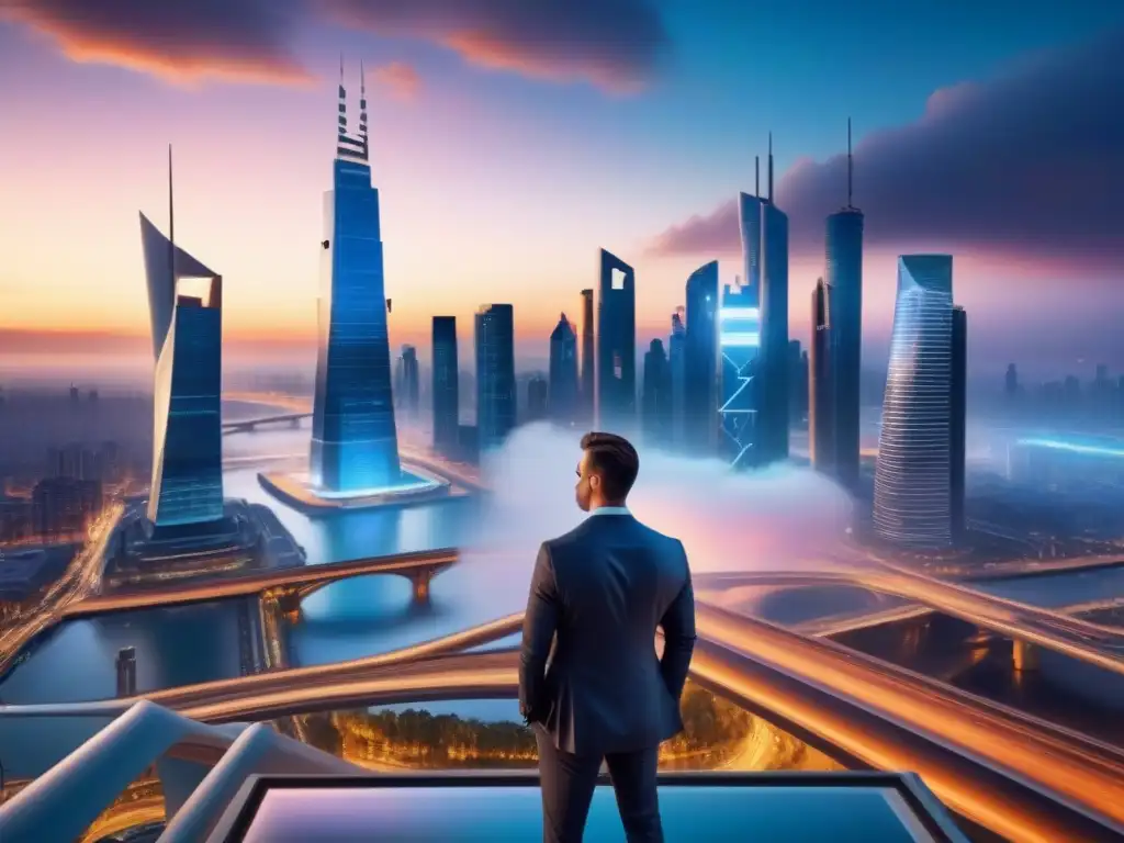 Horizonte futurista: ciudad innovadora al atardecer Una ciudad futurista con rascacielos y una infraestructura avanzada durante un atardecer vibrante, destacando la innovación y el progreso