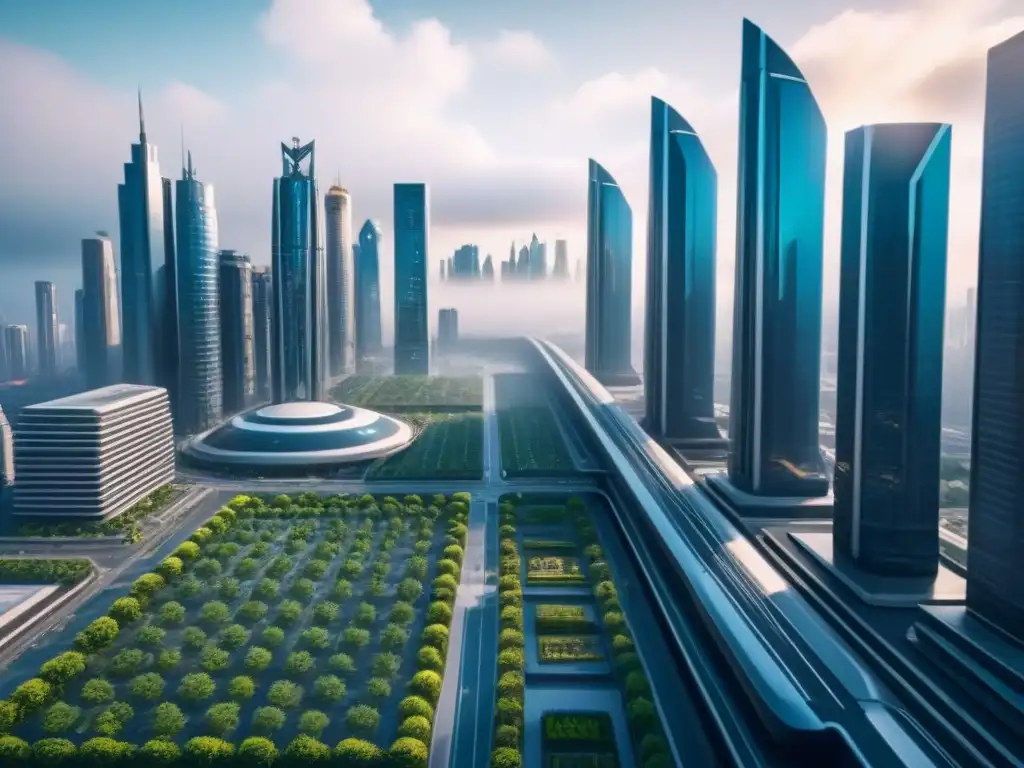 Metrópolis futurista: arquitectura avanzada y tecnología en 8k Una ciudad futurista con rascacielos innovadores y tecnología avanzada, reflejando un análisis de mercado inmobiliario avanzado