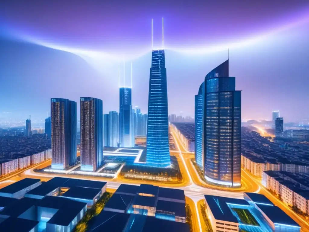 Metrópolis futurista: blockchain y AI revolucionan el real estate Una ciudad futurista con rascacielos integrados con tecnología blockchain y AI, transmitiendo seguridad en transacciones de bienes raíces
