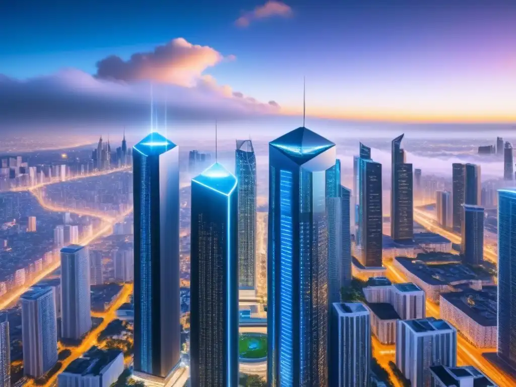 Cityscape futurista con tecnología blockchain en la industria inmobiliaria Una ciudad futurista con rascacielos integrados con tecnología blockchain en comercialización inmobiliaria