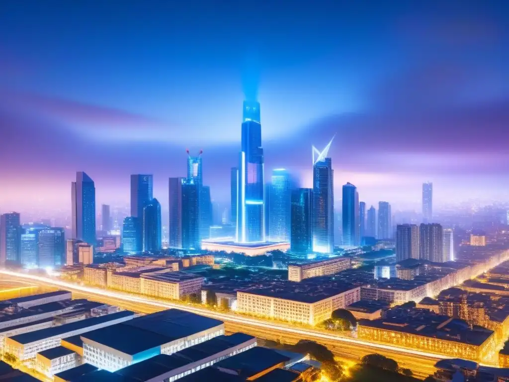 Cityscape futurista: real estate seguro con tecnología blockchain Una ciudad futurista con rascacielos interconectados por redes de blockchain brillantes, simbolizando seguridad en transacciones inmobiliarias