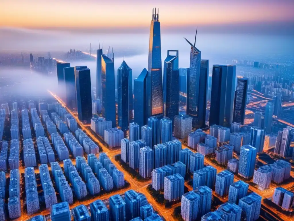 Metrópolis futurista con blockchain y drones Una ciudad futurista con rascacielos interconectados que utilizan tecnología blockchain para transacciones inmobiliarias