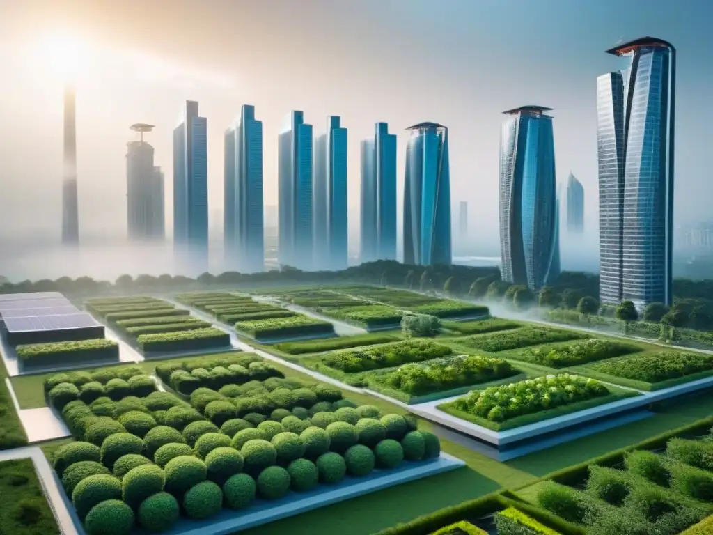 Horizonte verde: ciudad futurista con rascacielos ecoamigables Una ciudad futurista con rascacielos de materiales reciclados, diseño sostenible y tecnología verde