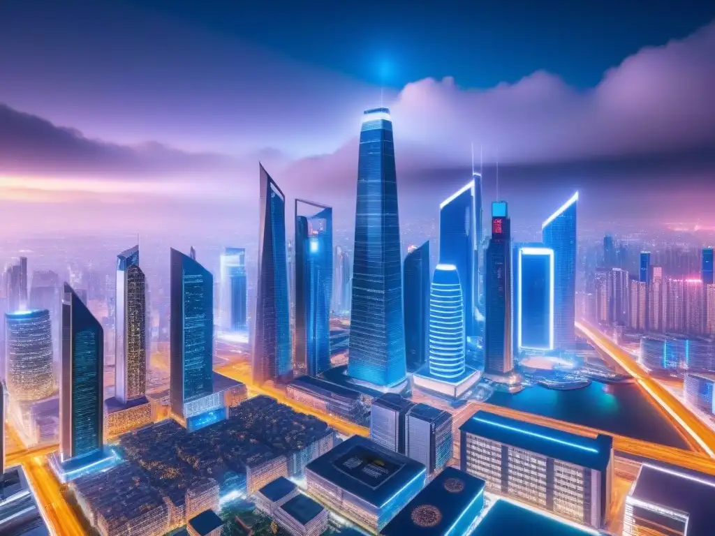 Metrópolis futurista: luces neón y tecnología fintech Una ciudad futurista con rascacielos modernos iluminados por luces de neón, fusionando innovación y Inversión inmobiliaria con tecnología fintech