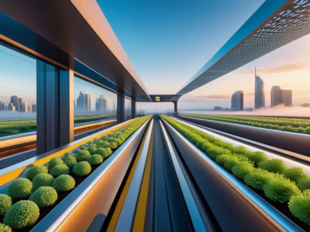 Futurismo urbano: ciudad sostenible y moderna en 8k Una ciudad futurista con rascacielos modernos, jardines en azoteas y transporte innovador
