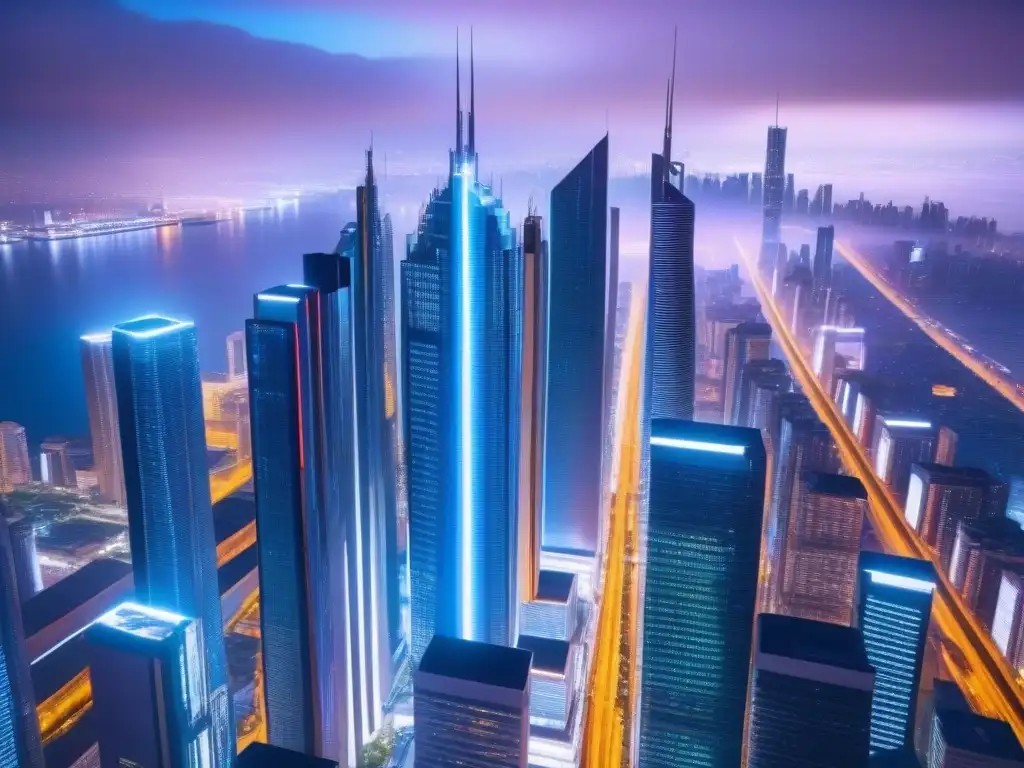 Metrópolis futurista: luces neón en la noche Una ciudad futurista con rascacielos modernos iluminados por luces neón, reflejando la vitalidad de la metrópolis de noche