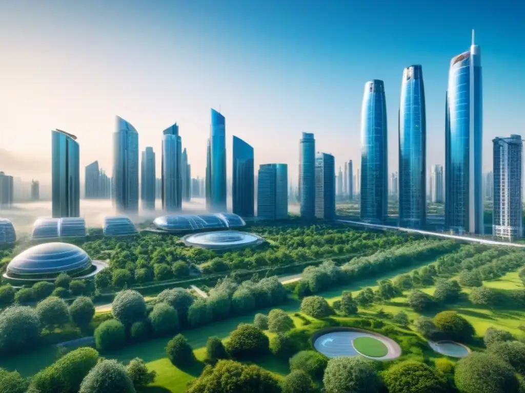 Horizonte urbano futurista: innovación y sostenibilidad Una ciudad futurista con rascacielos modernos rodeados de tecnología inteligente y espacios verdes