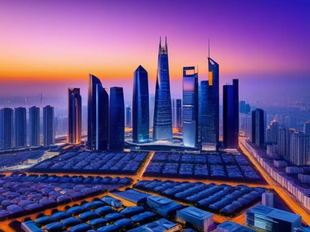 Horizonte futurista: rascacielos dorados al atardecer Una ciudad futurista con rascacielos modernos reflejando tonos dorados al atardecer