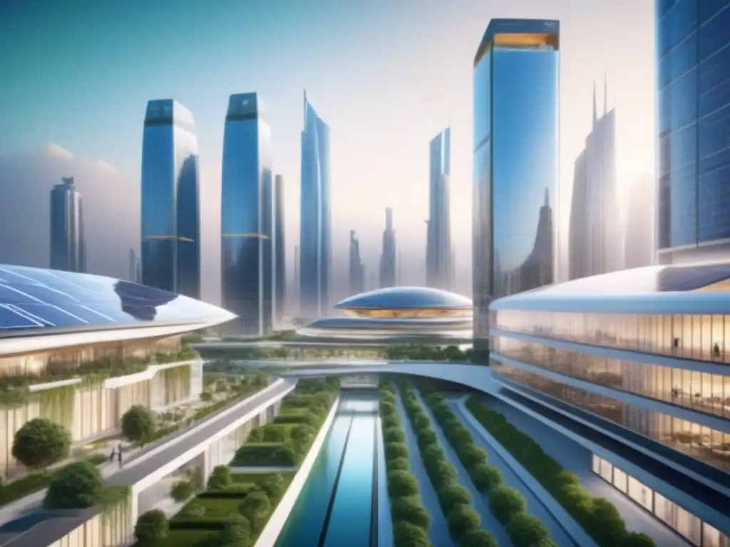 Metrópolis futurista: arquitectura innovadora y economía compartida Una ciudad futurista con rascacielos modernos interconectados por pasarelas transparentes, integrando espacios verdes y paneles solares