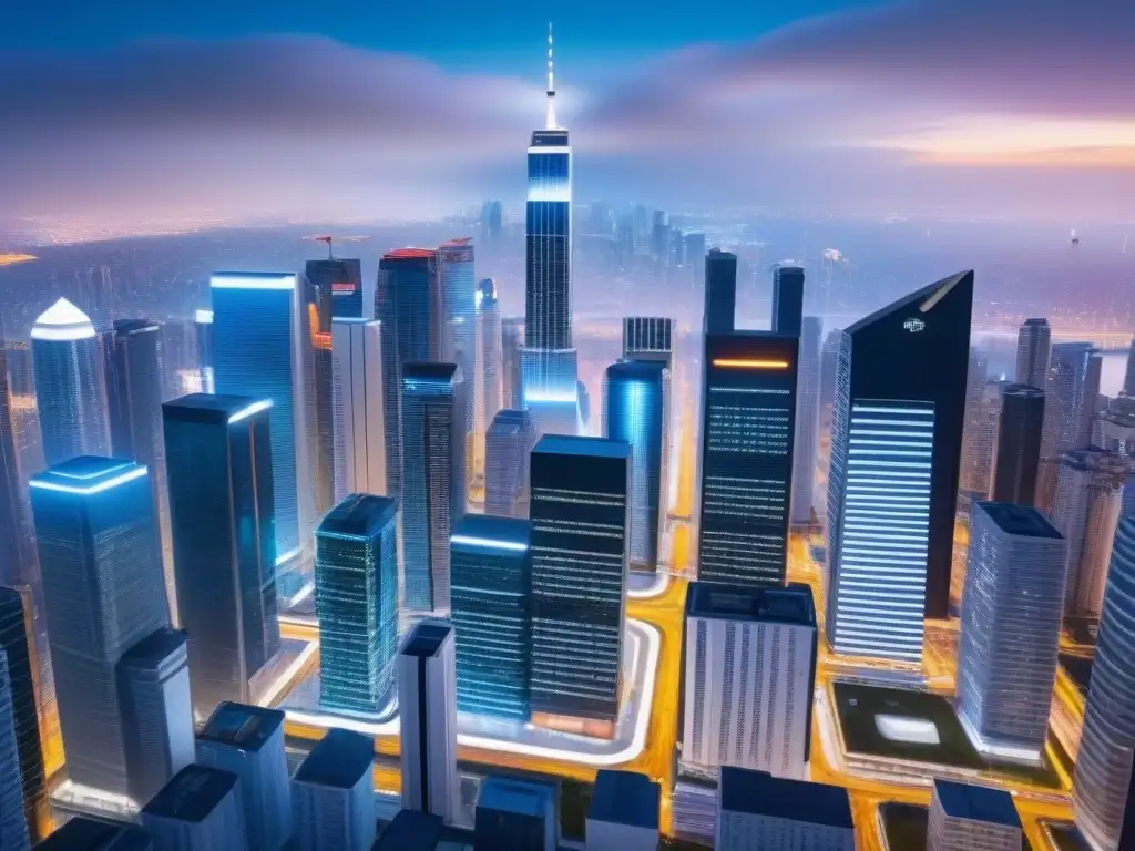 Metrópolis futurista: tecnología y real estate en 8k Una ciudad futurista con rascacielos modernos y pantallas digitales que muestran análisis de mercado inmobiliario con Big Data