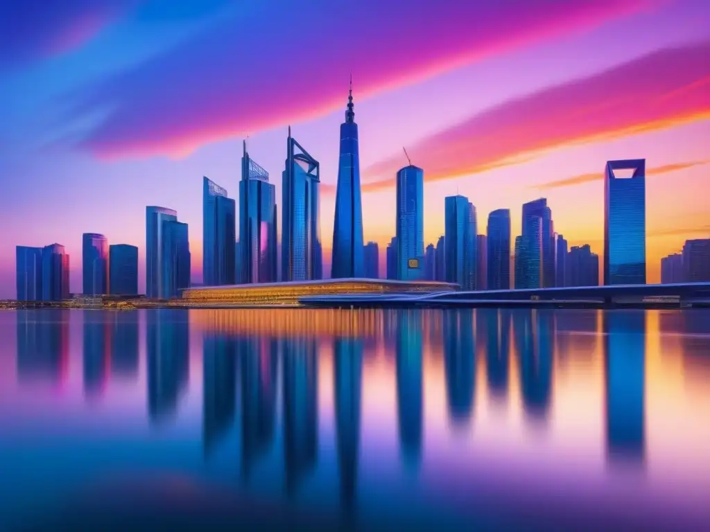 Horizonte futurista: ciudad ultramoderna en atardecer vibrante Una ciudad futurista con rascacielos modernos reflejando la puesta de sol