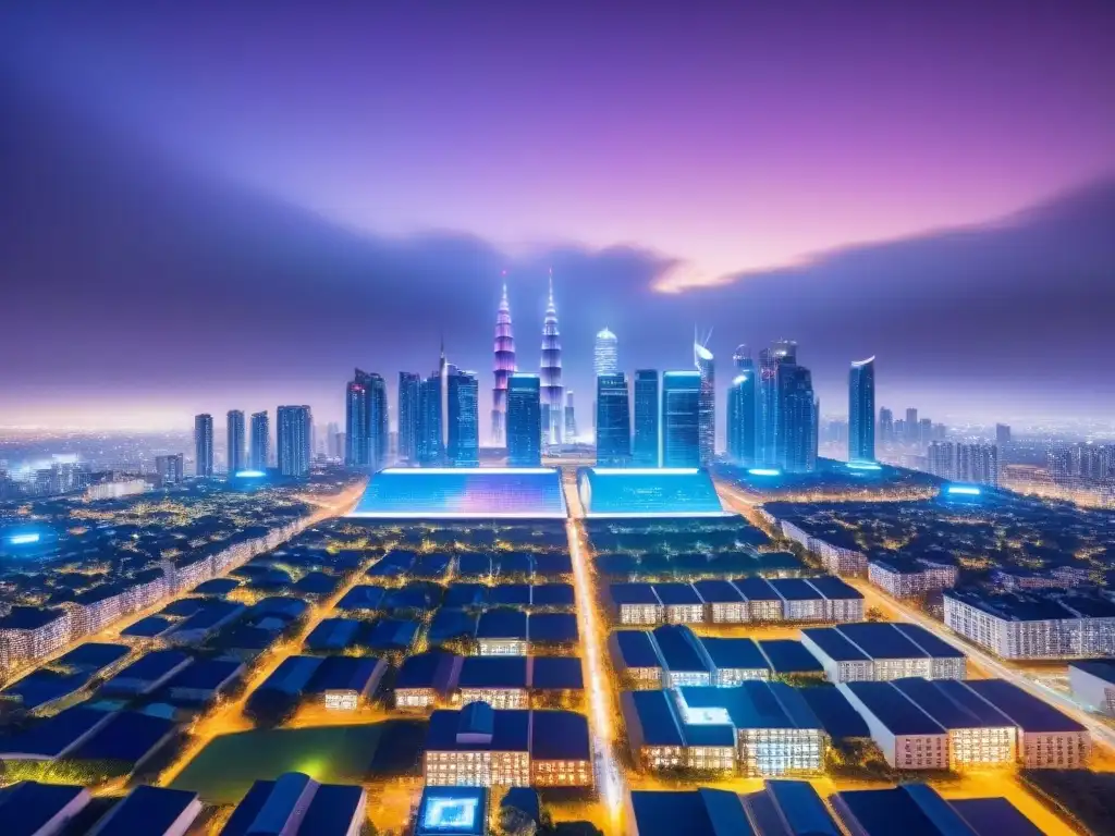 Metrópolis futurista: AI revoluciona mercado inmobiliario Una ciudad futurista con rascacielos y pantallas digitales muestra la integración de la inteligencia artificial en el mercado inmobiliario